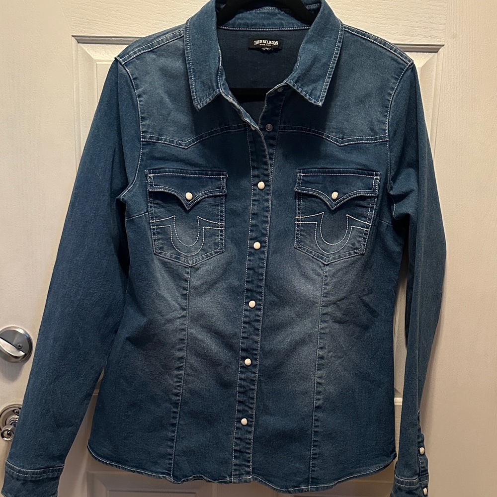 True Religion Indigo Denim Western Snap Button Shirt Jacket (Shacket)